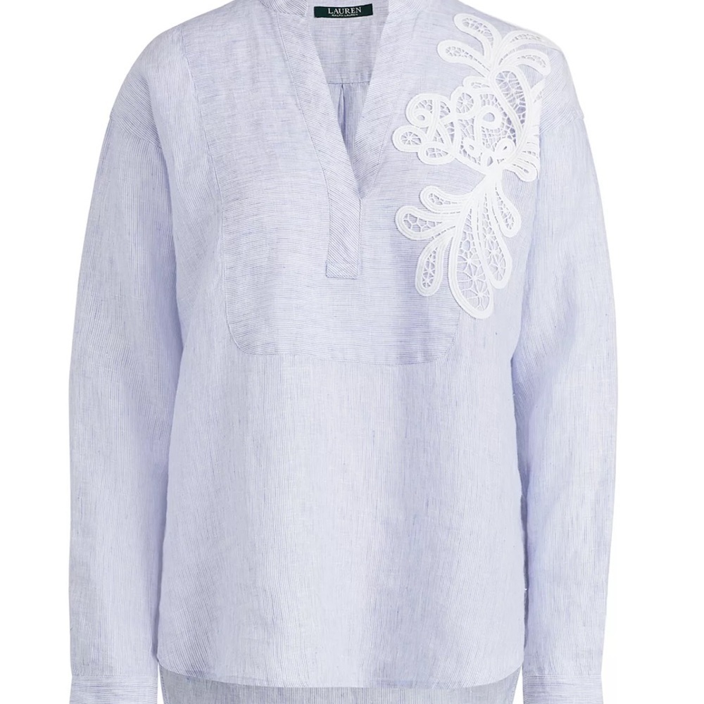 Lauren Ralph Lauren Blue & White Linen Applique Top Size PL - Picture 10 of 11